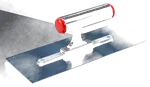 Plastering Trowel — T-handle, black handle with red caps, blue-tinted blade